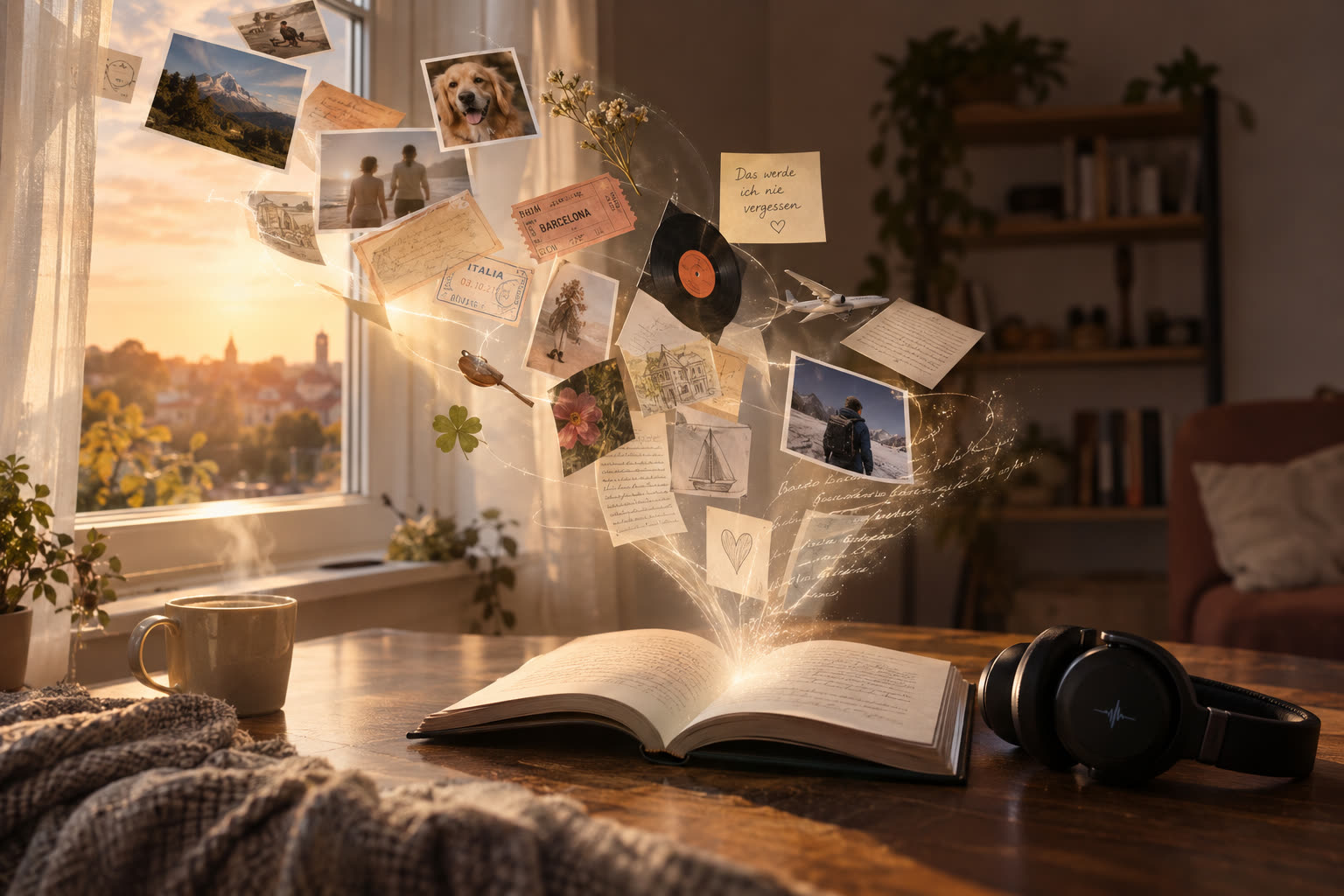 Ein aufgeschlagenes Buch auf einem Holztisch am Fenster im Abendlicht; darüber schweben Fotos, Tickets, Notizen und eine Schallplatte, daneben Kopfhörer