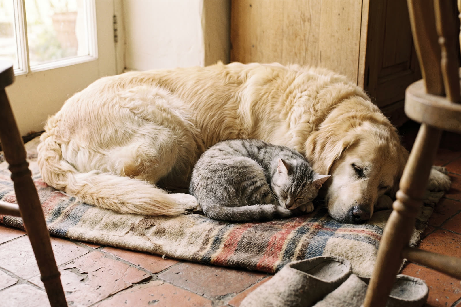 Ein alter Hund schläft auf einer abgewetzten Küchendecke, dicht an ihn geschmiegt eine zusammengerollte Katze
